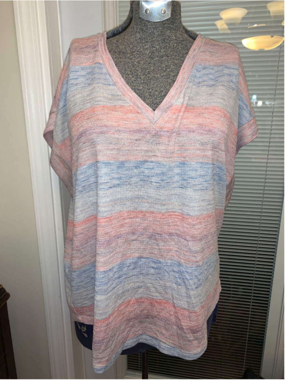 Women's Rickis Striped V-Neck Short Sleeve Tee Pink Blue Size L